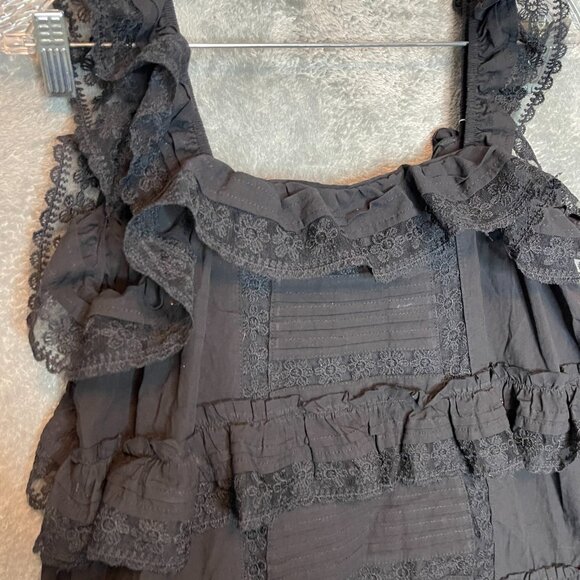 Women Lace Tiered Ruffle Babydoll Gothic Emo Witchy Black Mini Romper Dress M - Picture 3 of 10